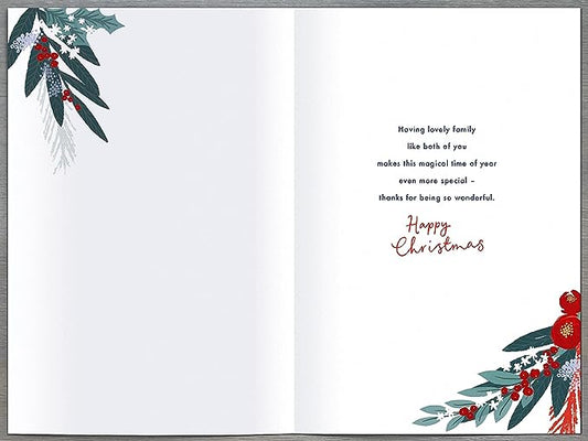 Festive Christmas greeting card from UK Greetings featuring a heartfelt message for sons and daughters-in-law with holiday design elements.
