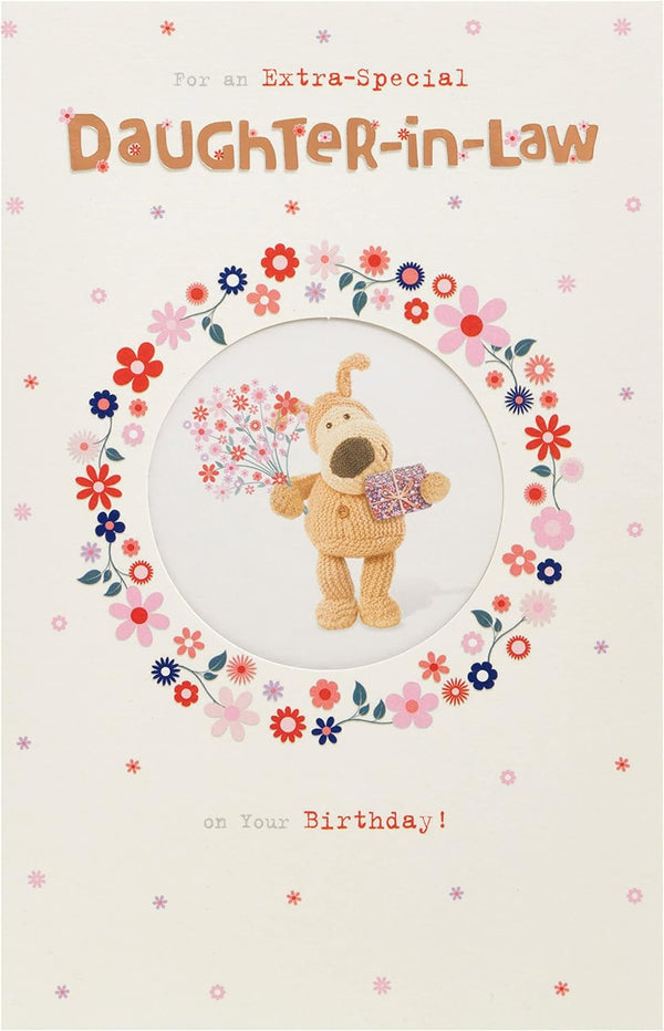 Adorable Boofle Daughter-in-Law birthday greeting card from UK Greetings featuring cute floral design and cheerful message inside.