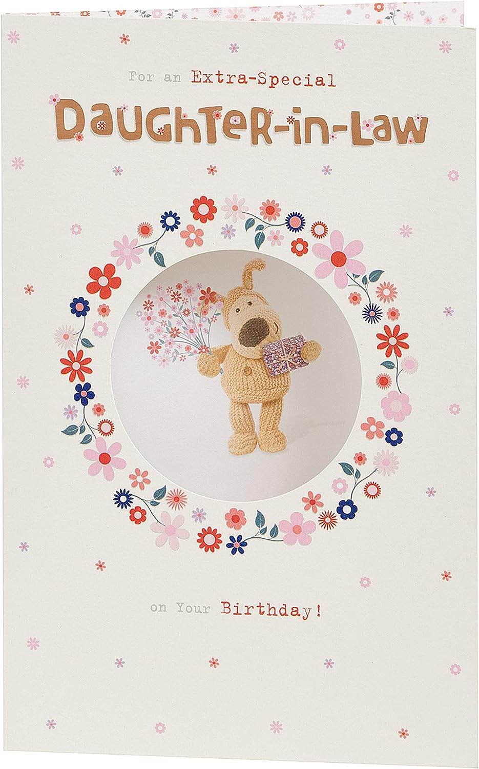 Adorable Boofle daughter-in-law birthday greeting card by UK Greetings with colorful floral design and cute illustration.