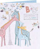 Cute giraffe greeting card for new baby boy by UK Greetings, featuring adorable animal illustration on a cheerful card.