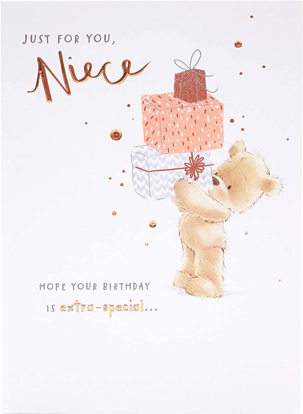 Cute teddy bear birthday greeting card for niece with pink foil accents, by UK Greetings, featuring adorable and colorful design.
