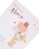 Cute greeting card featuring a teddy bear and pink foil accents, perfect for a niece's birthday from UK Greetings.