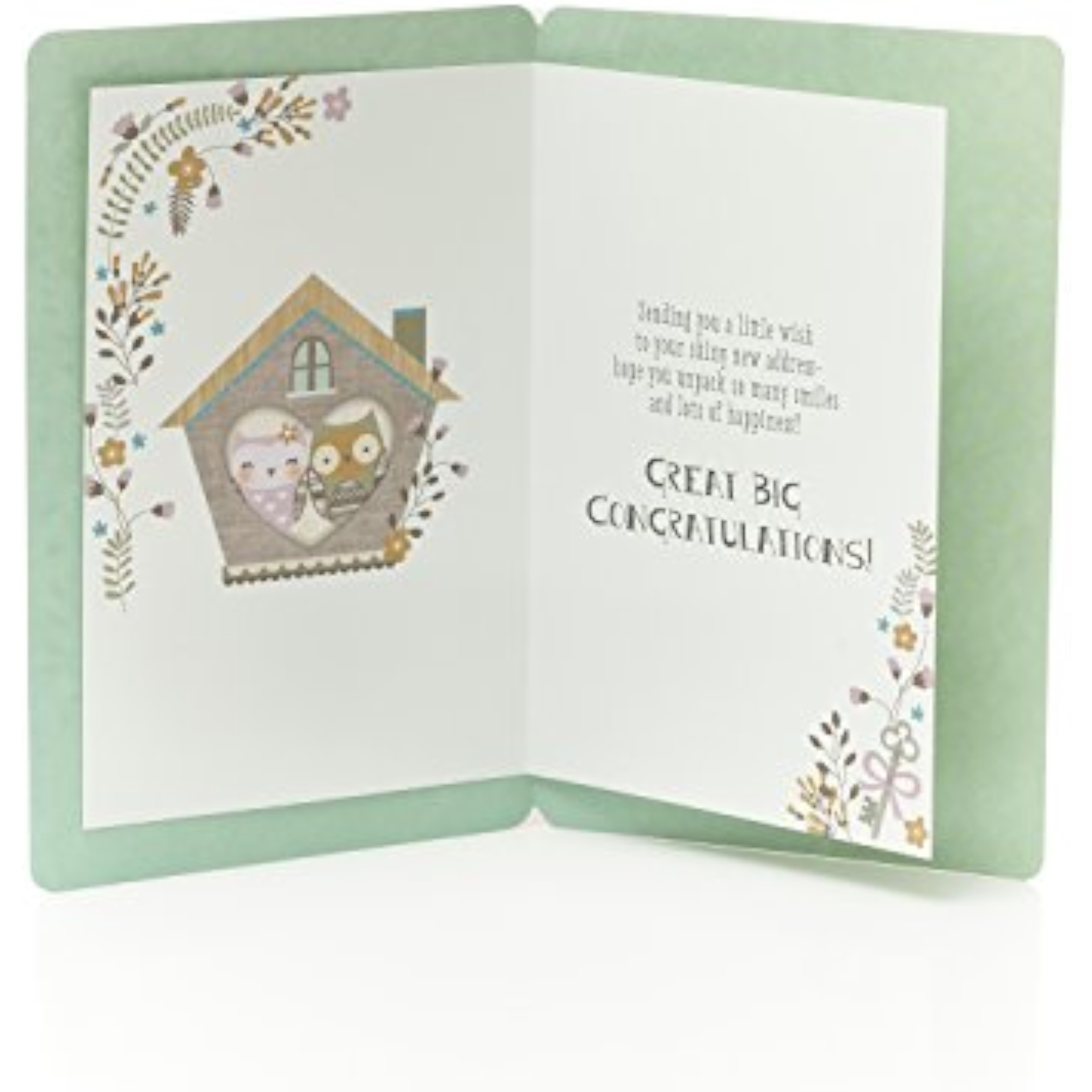 Adorable owl couple greeting card with "New Home" message by UK Greetings, featuring charming owl illustrations and congratulatory design.