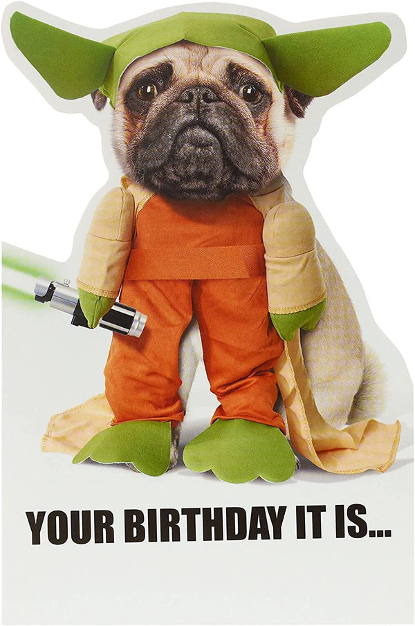 Adorable Yoda Pug Star Wars birthday greeting card featuring a cute pug dressed as Yoda from UK Greetings.
