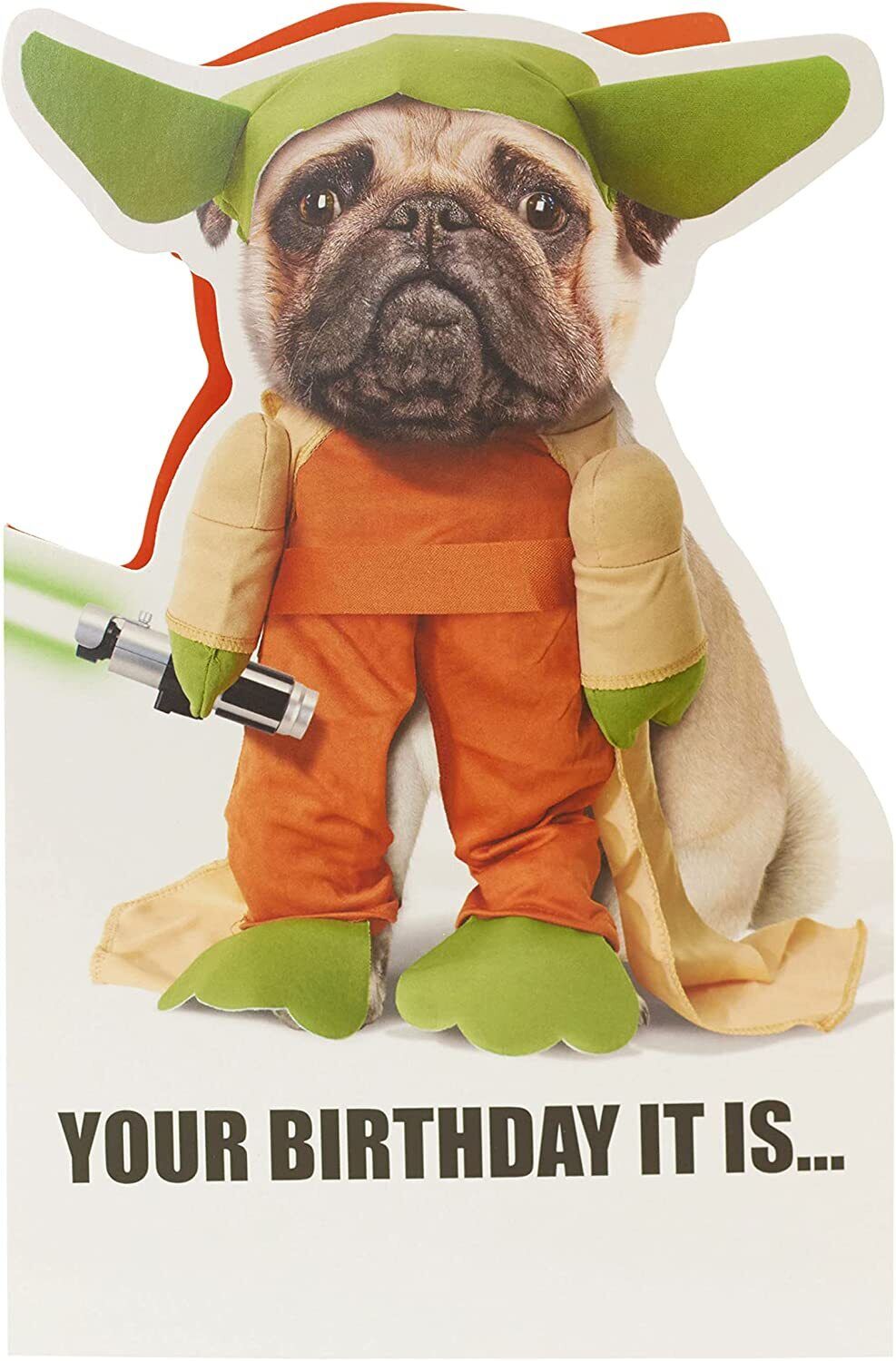 Adorable Yoda Pug Star Wars greeting card from UK Greetings featuring a cute pug dressed as Yoda for birthdays