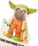 Adorable Yoda Pug Star Wars birthday greeting card featuring a cute pug dressed as Yoda for a fun celebration.