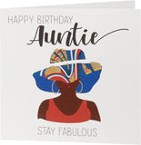 Afrotouch Kindred Auntie birthday greeting card by UK Greetings, featuring colorful floral design and heartfelt message inside.