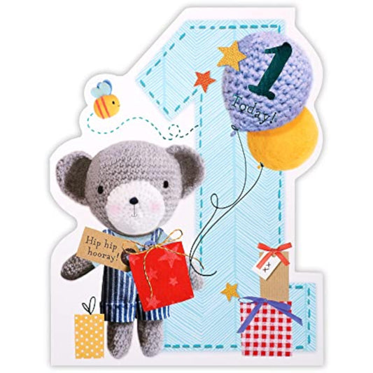 Age 1 knitted bear with balloon birthday greeting card from UK Greetings, featuring a cute teddy bear and colorful balloon design.
