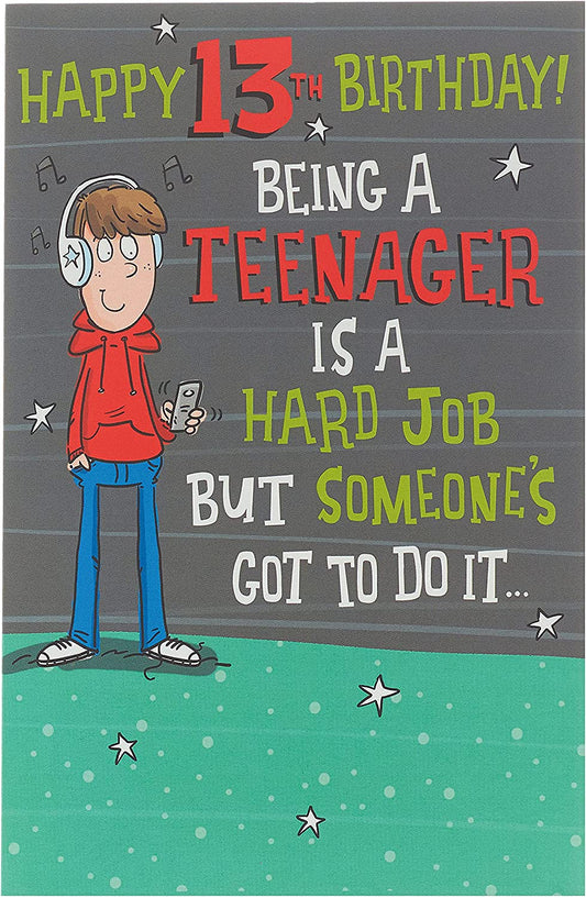 Teenage boy birthday greeting card with humorous design from UK Greetings, featuring playful artwork appropriate for a 13th birthday celebration.