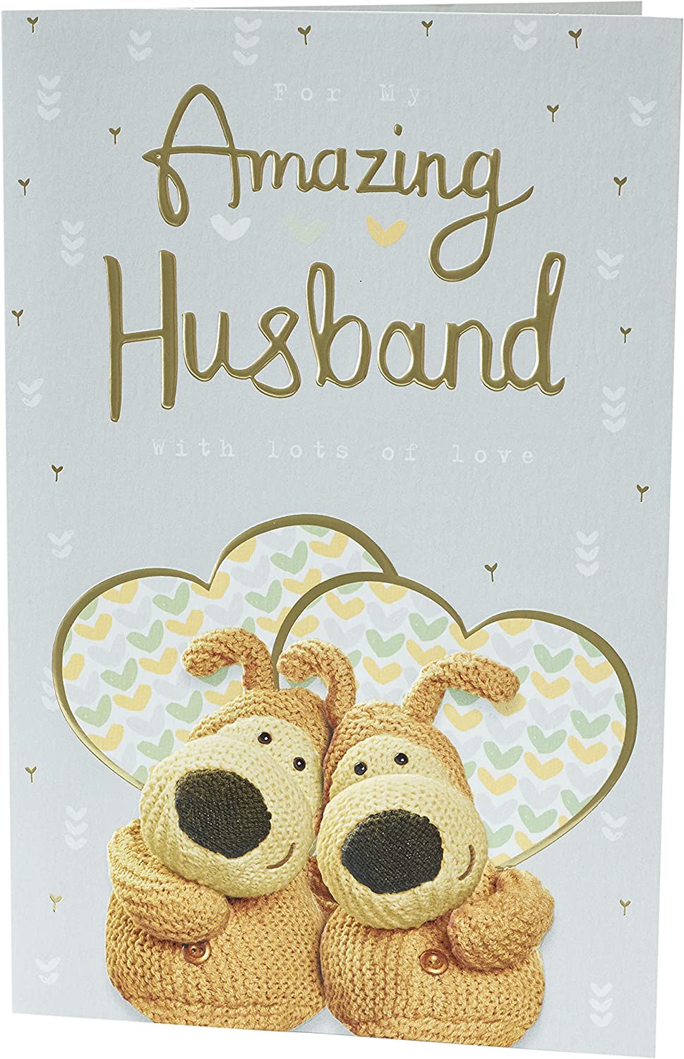 Cute Boofles wedding anniversary greeting card featuring adorable husband illustration by UK Greetings.