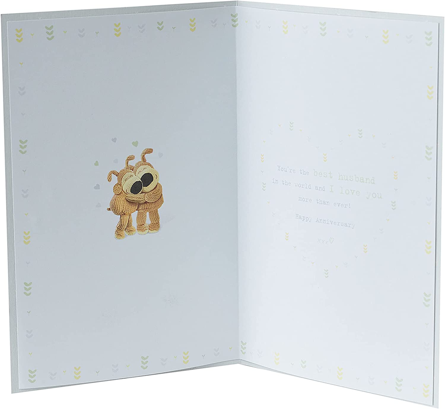 Cute Boofles wedding anniversary greeting card by UK Greetings featuring adorable husband illustration and heartfelt message.