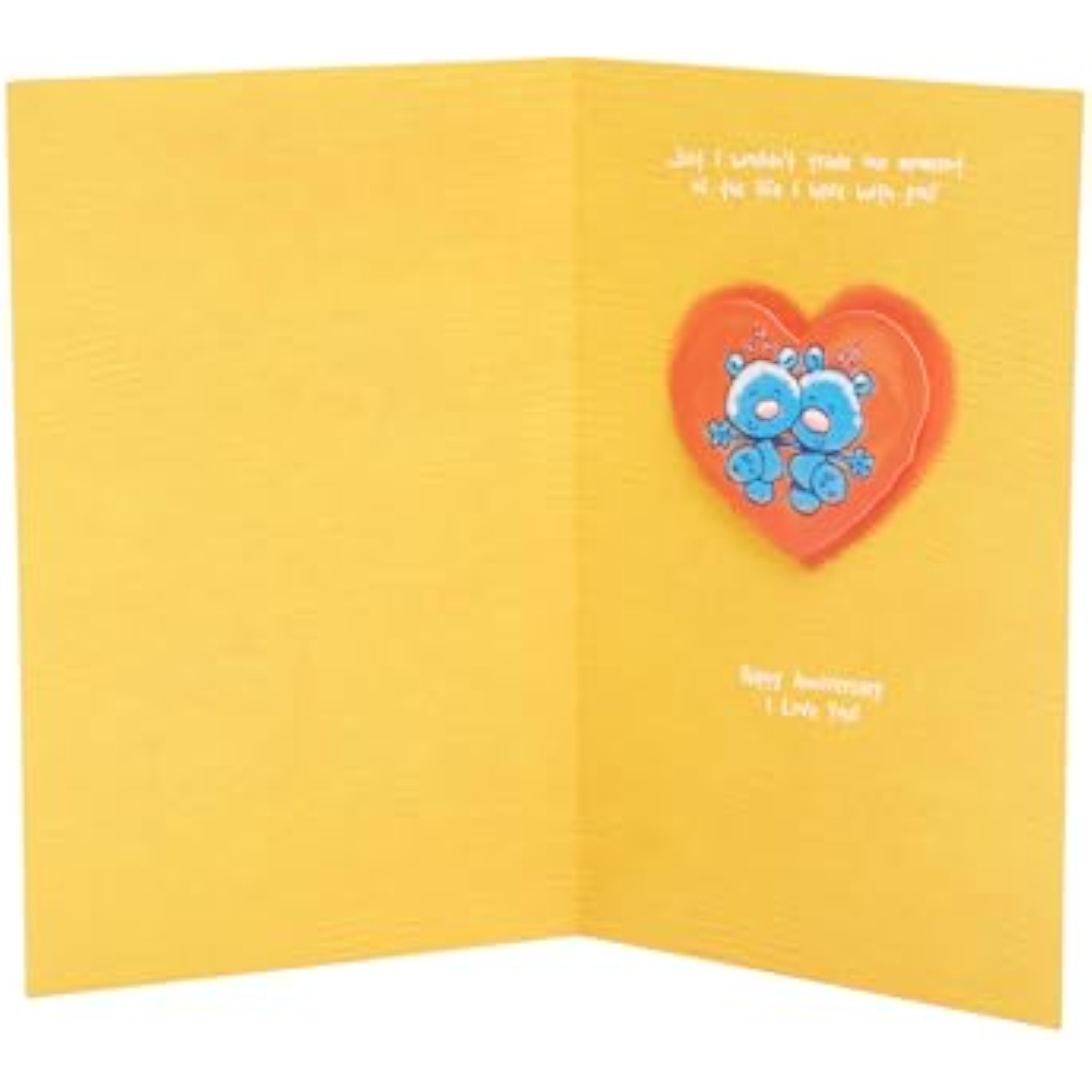 Pop-up heart anniversary greeting card for him and her by UK Greetings, showing a colorful 3D heart design inside.