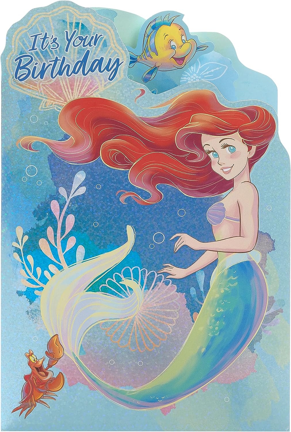 Ariel Little Mermaid holographic birthday greeting card with colorful underwater scene and cheerful design, UK Greetings brand.