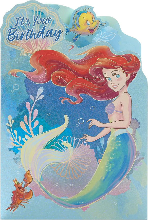 Ariel Little Mermaid holographic birthday greeting card with colorful underwater scene and cheerful design, UK Greetings brand.