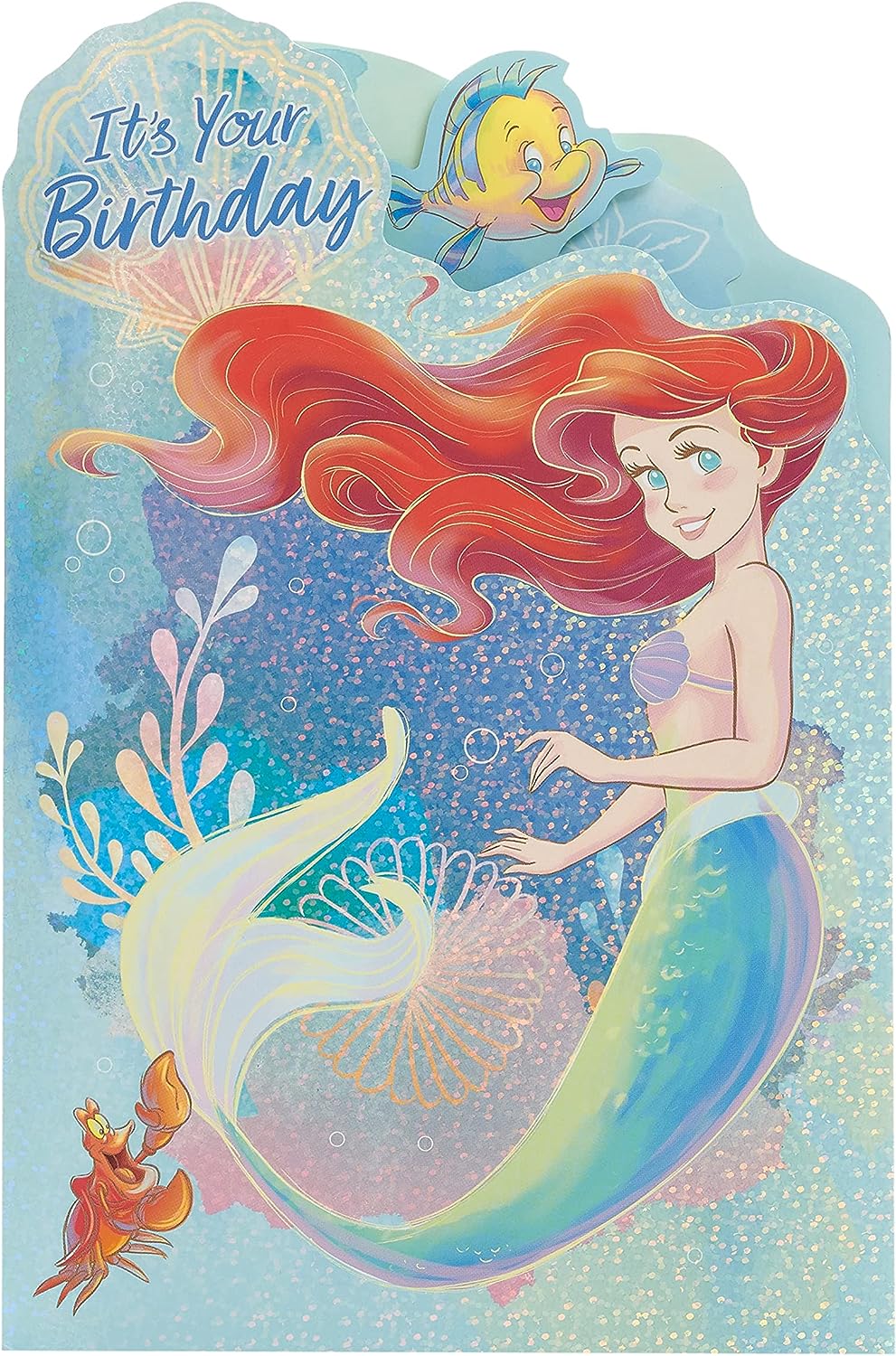 Ariel Little Mermaid holographic birthday greeting card from UK Greetings featuring Ariel and ocean-themed design.