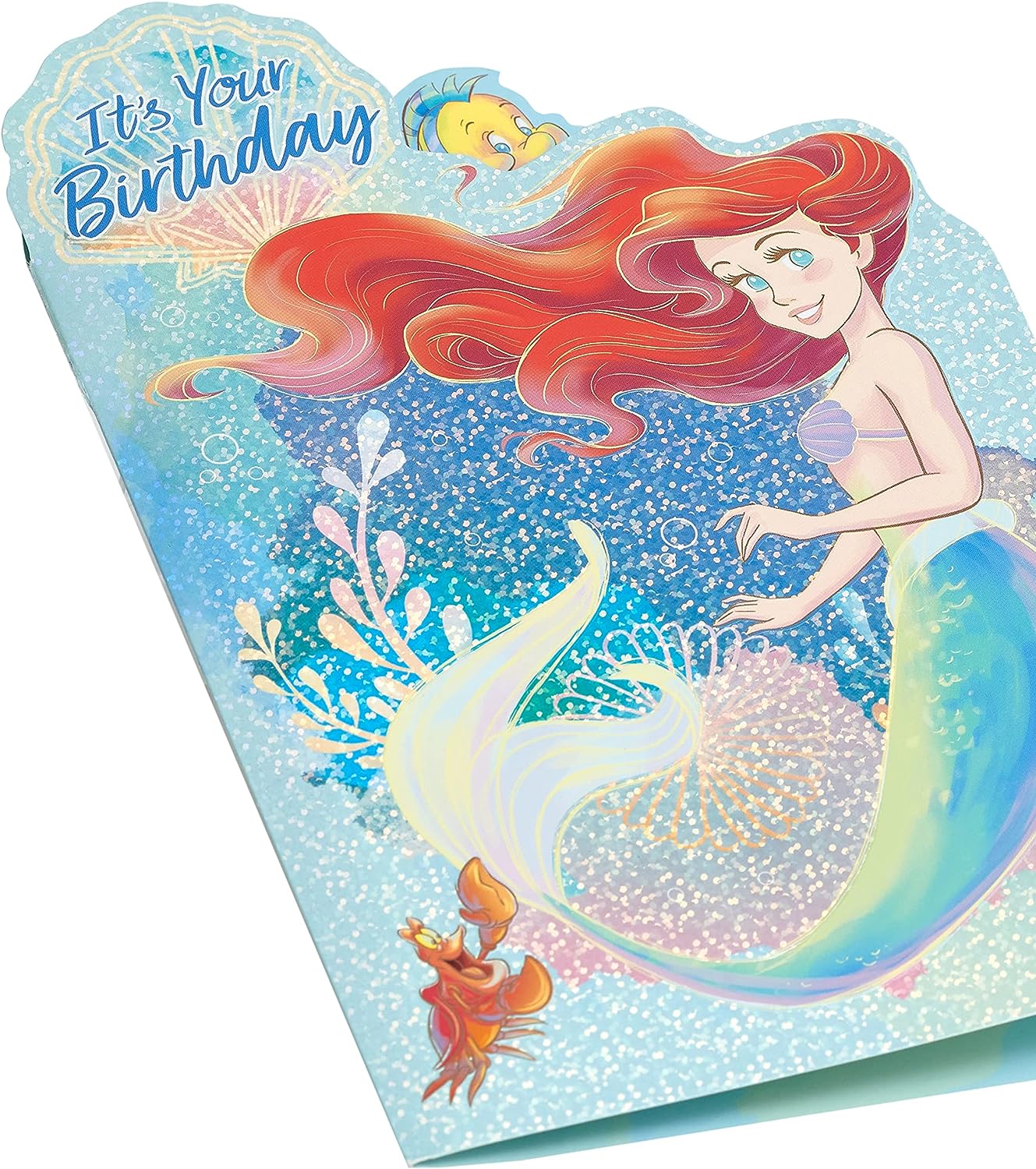Ariel Little Mermaid holographic birthday greeting card featuring Ariel with underwater sea life, by UK Greetings.