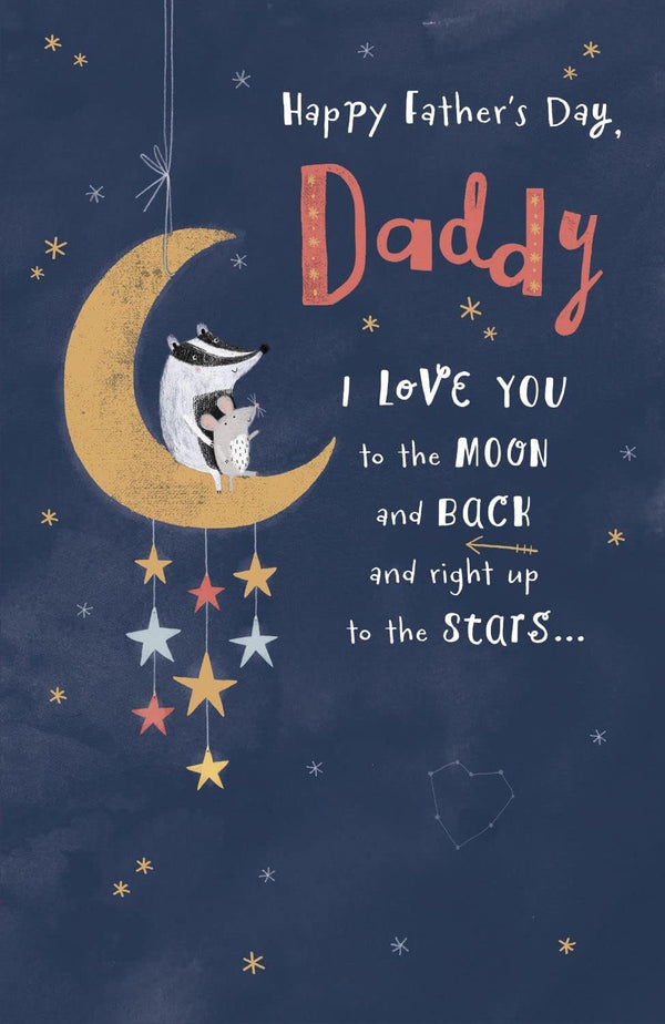 Artistic Father's Day greeting card by UK Greetings featuring a "Love You To The Moon And Back" design with celestial illustrations.