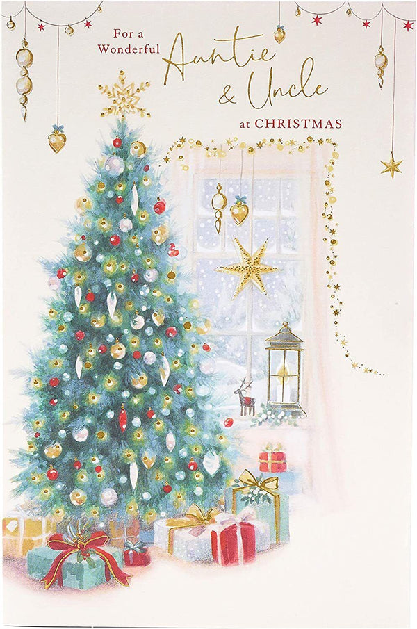 Traditional Christmas tree greeting card by UK Greetings featuring elegant gold foil accents, perfect for holiday wishes.