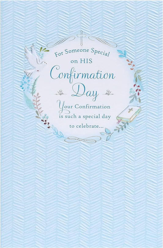 Baby blue design confirmation greeting card for boy from UK Greetings, featuring a charming, celebratory message and decorative elements.