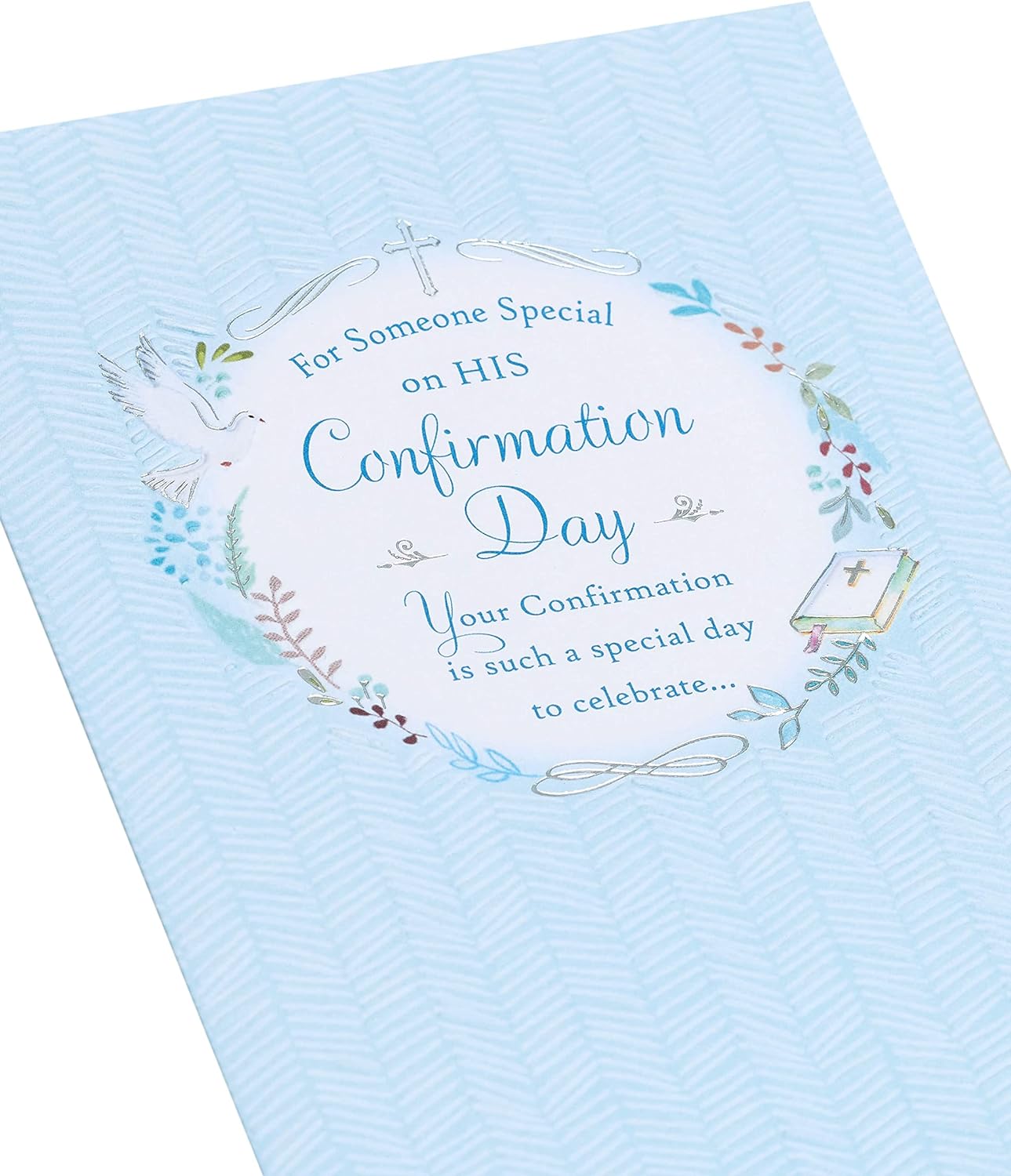 Baby blue confirmation greeting card for boy with elegant design, ideal for religious celebrations, by UK Greetings.