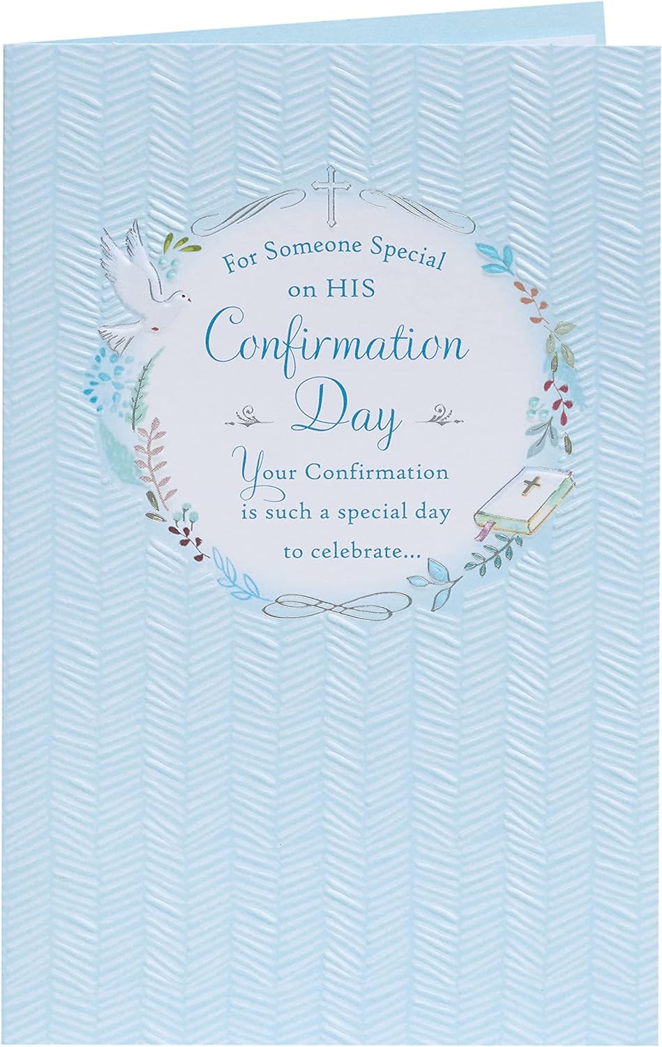 Baby blue design confirmation greeting card for boy featuring a charming pattern, ideal for celebrating a special milestone.