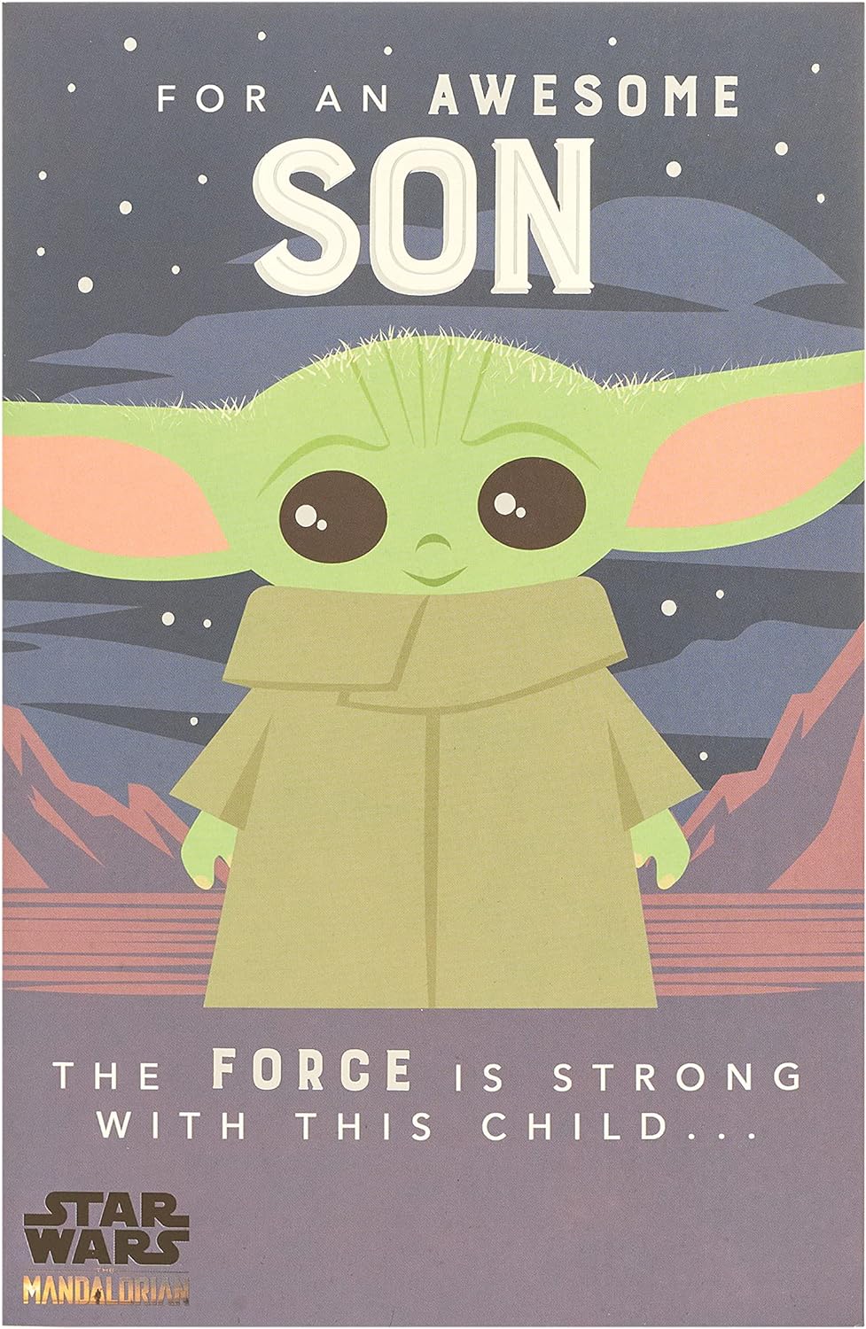Baby Yoda Force Son birthday greeting card from UK Greetings, featuring Baby Yoda with a Force pose and space-themed design.