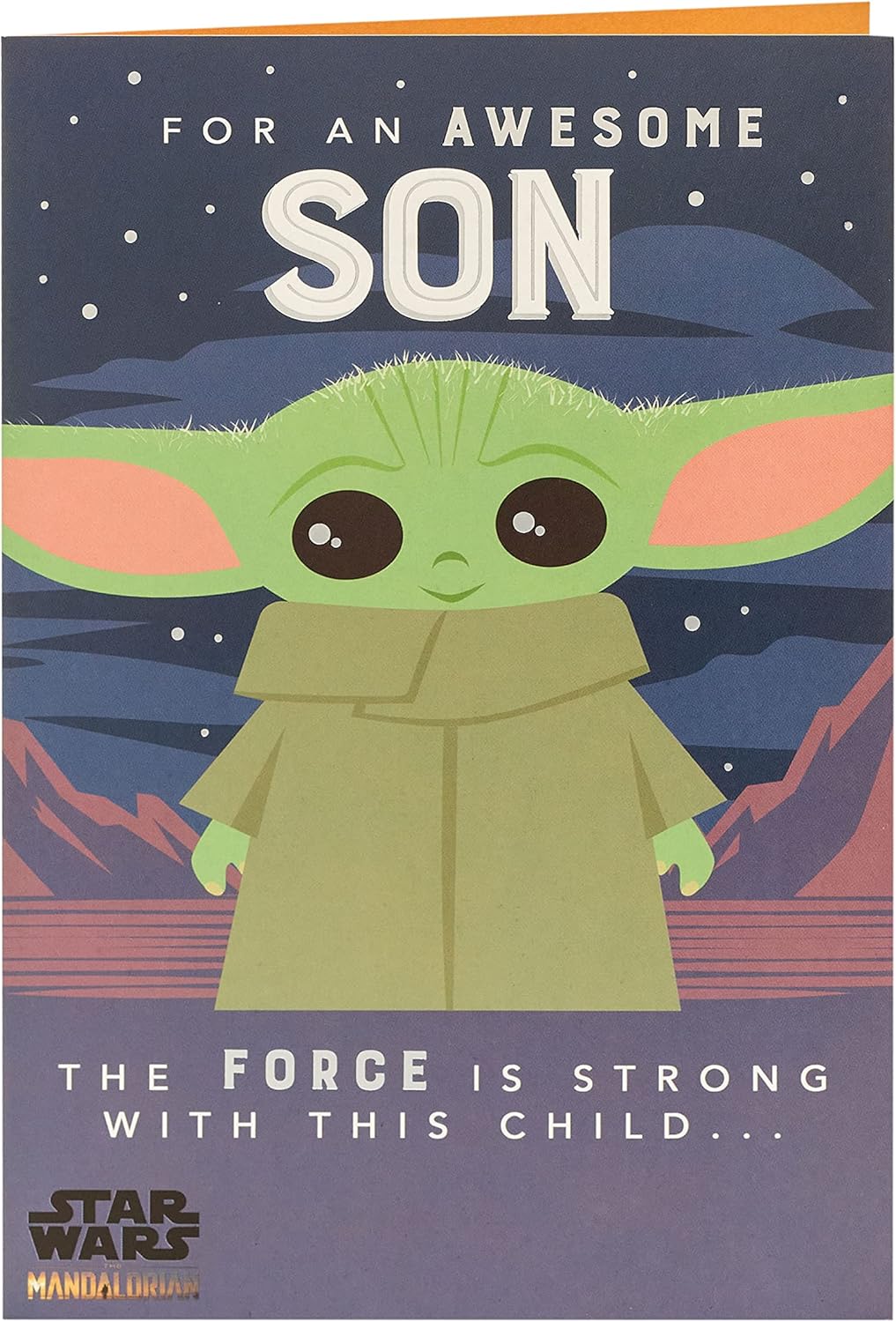 Baby Yoda Force Son birthday greeting card from UK Greetings featuring Baby Yoda with a Force pose and space-themed background.
