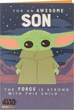 Baby Yoda Force Son birthday greeting card from UK Greetings featuring Baby Yoda with a Force pose and space-themed background.