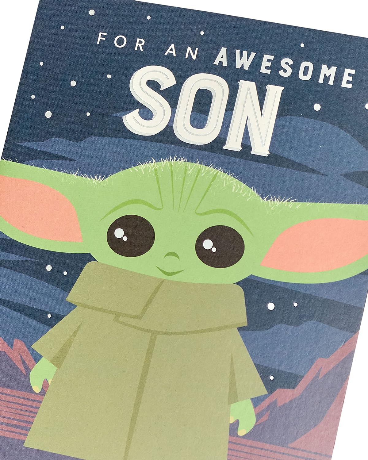 Baby Yoda Force Son birthday greeting card with Star Wars design from UK Greetings, featuring Baby Yoda in a playful pose.