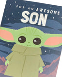 Baby Yoda Force Son birthday greeting card with Star Wars design from UK Greetings, featuring Baby Yoda in a playful pose.