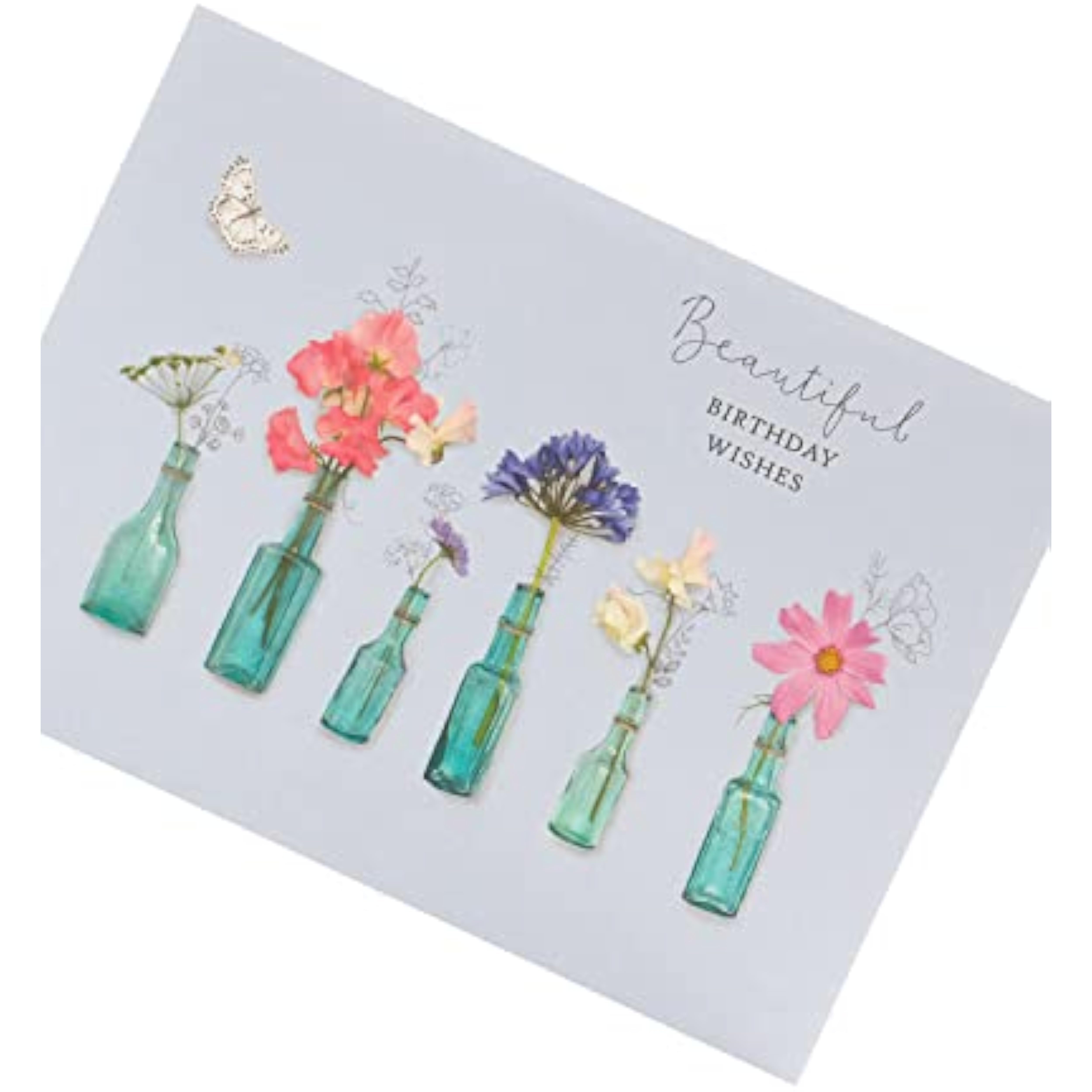 Front of UK Greetings floral birthday wishes greeting card with colorful flower illustrations and elegant design.