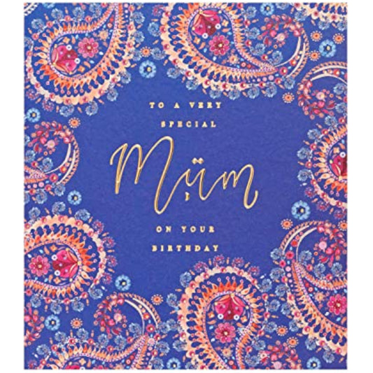 Eastern print mum birthday greeting card from UK Greetings with vibrant floral design and elegant calligraphy.