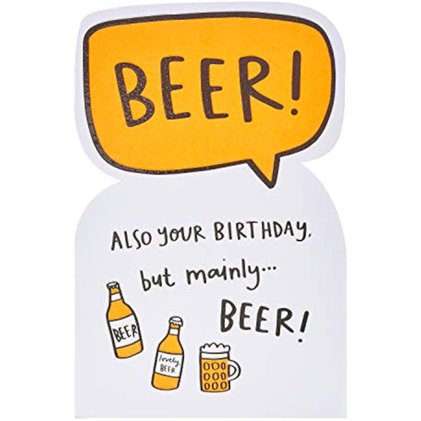 Funny birthday greeting card featuring a beer celebration die-cut design from UK Greetings.