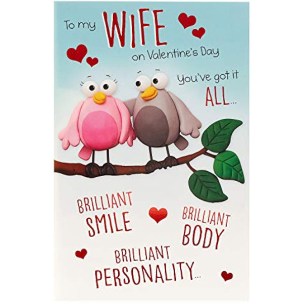Colorful bird cartoon wife Valentine’s Day greeting card featuring playful illustration and heartfelt message from UK Greetings.