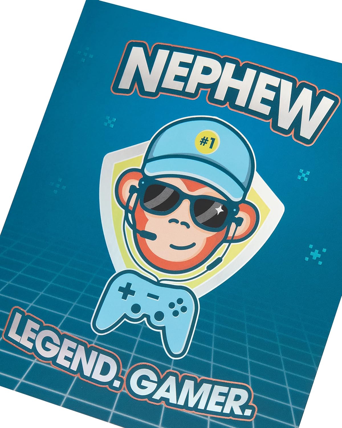 Birthday greeting card for nephew featuring a monkey gamer design from UK Greetings, with colorful gaming-themed illustrations.