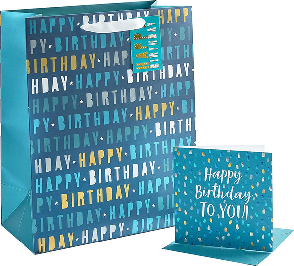 UK Greetings birthday greeting card and gift bag multipack for him, featuring colorful designs and festive imagery.