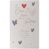 Heart-themed birthday greeting card for loved ones from UK Greetings, featuring colorful heart illustrations and cheerful design.