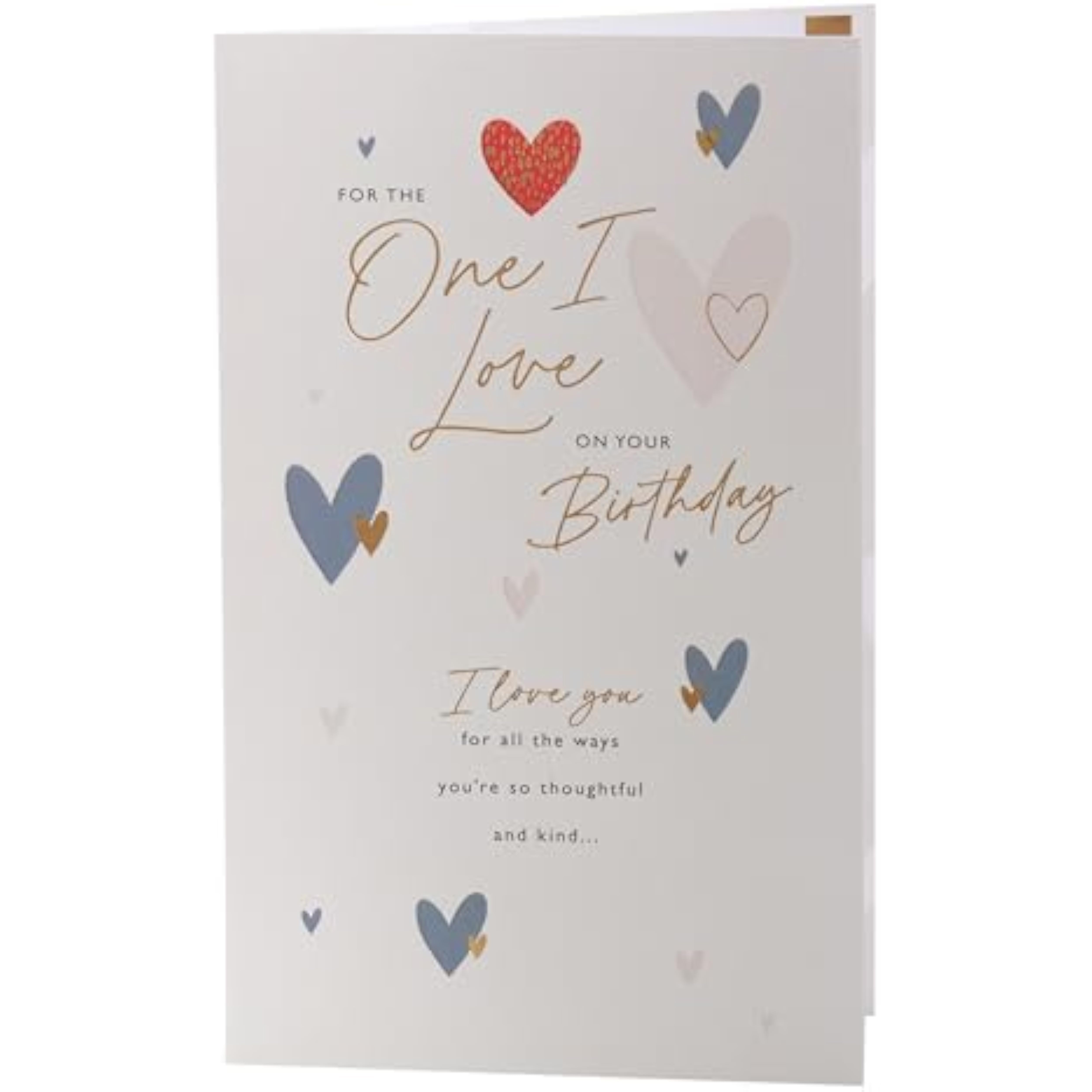 Birthday greeting card with hearts design for loved ones by UK Greetings, featuring colorful heart illustrations on the front.