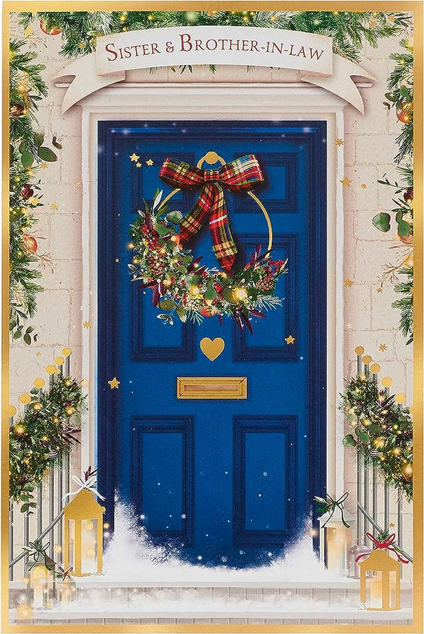 Blue door Christmas greeting card with gold foil design for sister and brother-in-law, by UK Greetings.