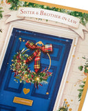 Blue door Christmas greeting card with gold foil design for sister and brother-in-law by UK Greetings.