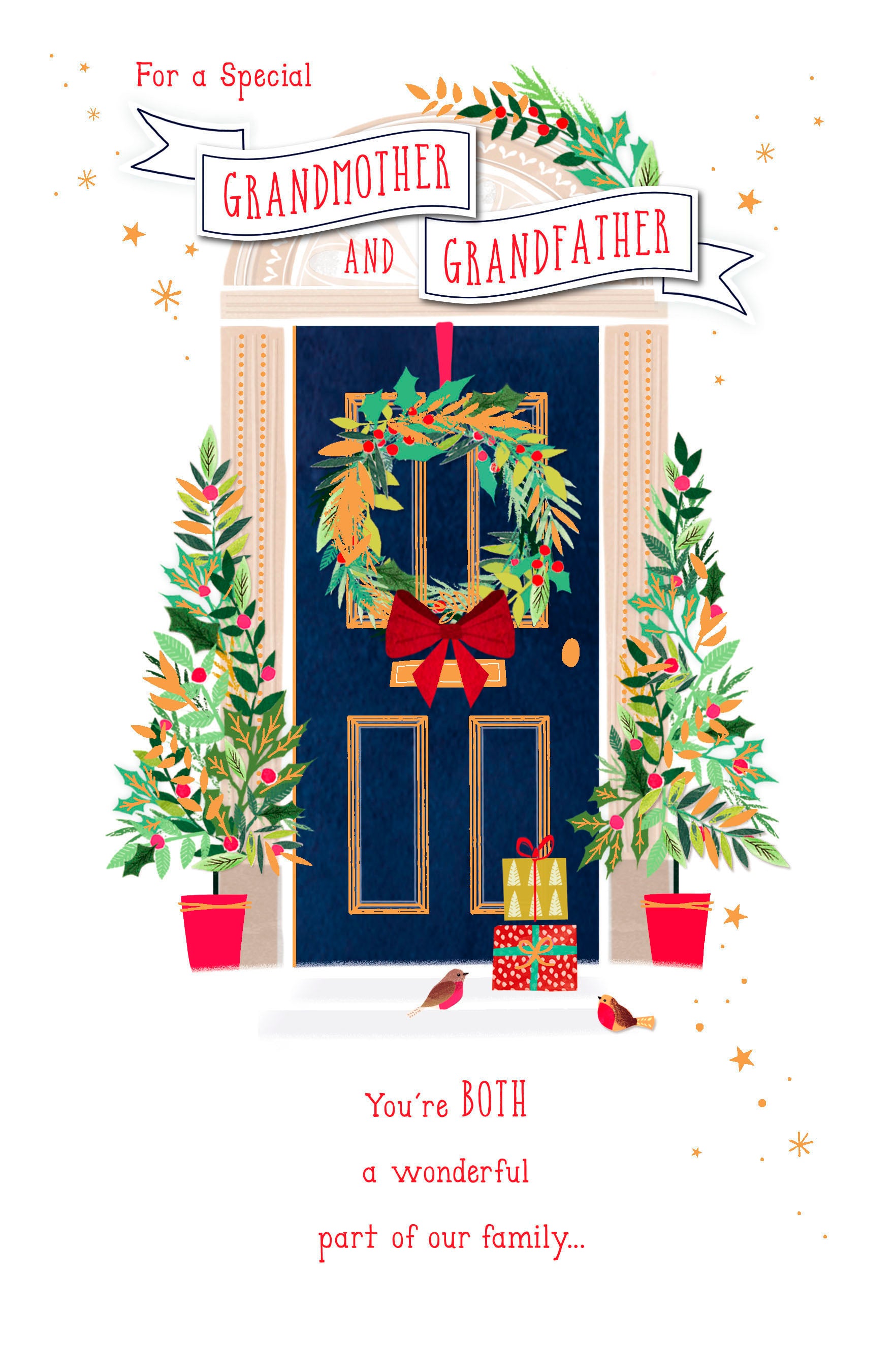 Blue door wreath Christmas greeting card for grandparents, featuring festive holiday design from UK Greetings.