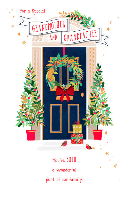 Blue door wreath Christmas greeting card for grandparents, featuring festive holiday design from UK Greetings.