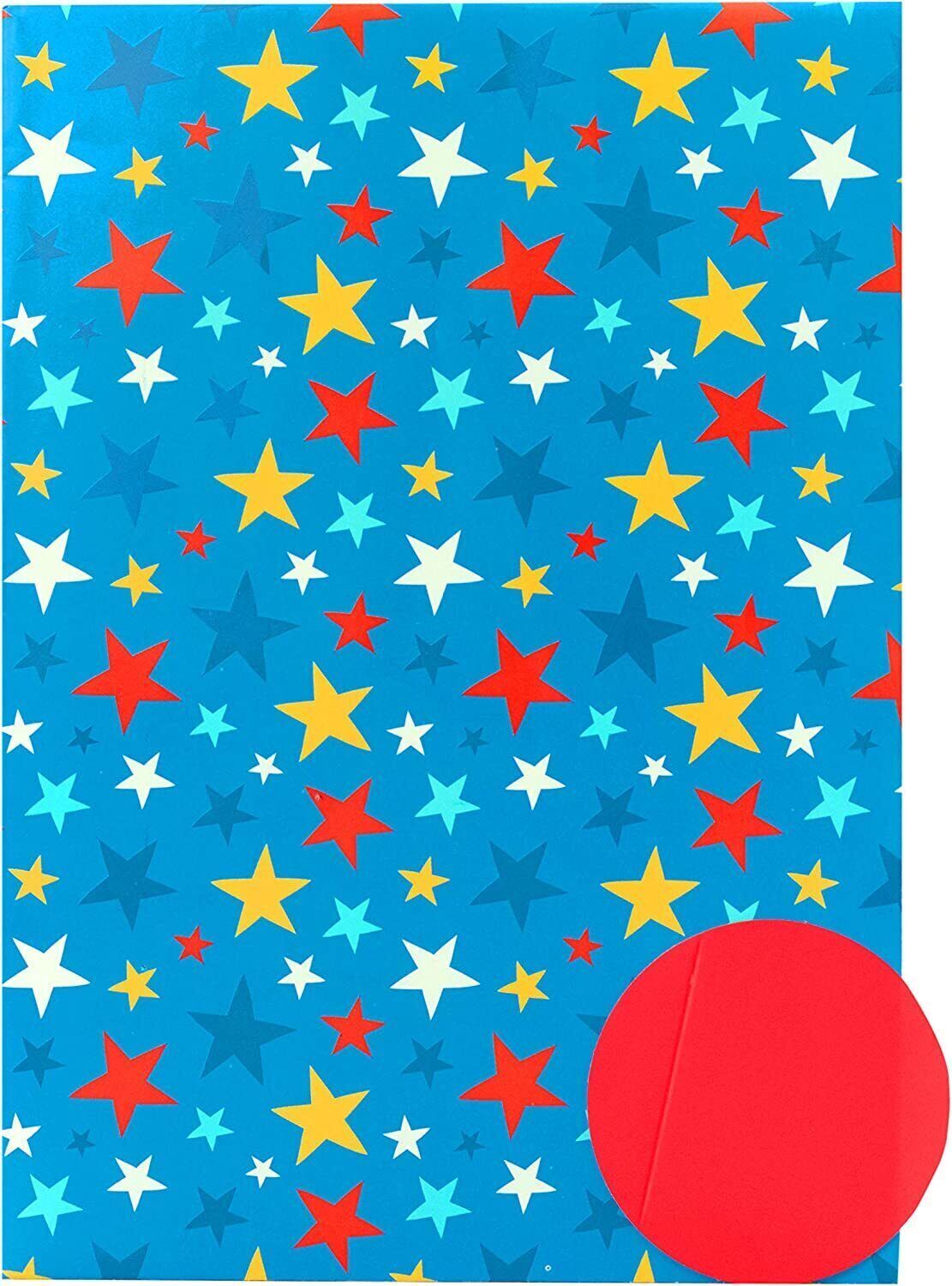 Blue Stars wrapping paper with three sheets and two gift tags, UK Greetings greeting card for festive wrapping and gift decoration.