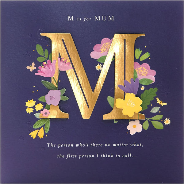 Dark blue Mother's Day greeting card with bold lettering and matching envelope from UK Greetings, featuring floral design.