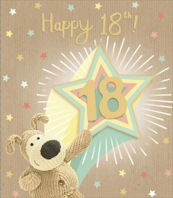 Boofle 18th Shooting Star birthday greeting card by UK Greetings featuring a colorful star design and cheerful illustration.