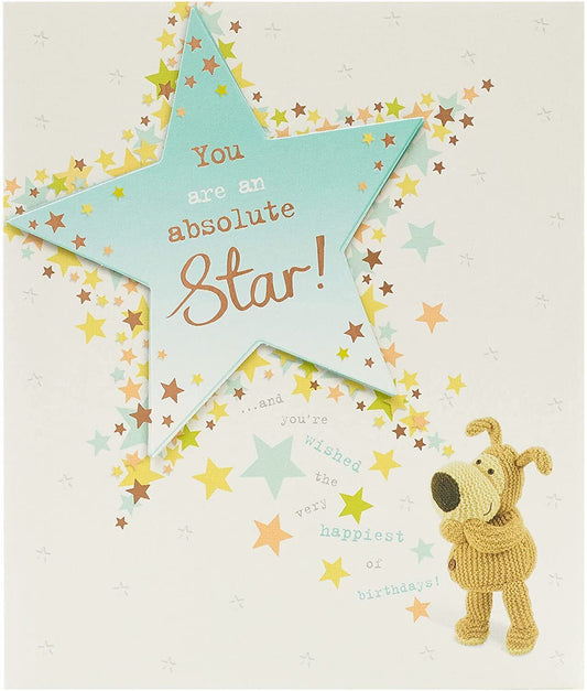 UK Greetings Boofle Absolute Star greeting card featuring colorful star designs and adorable illustration on the front.