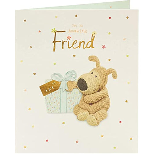 Colorful Boofle Amazing Friend birthday greeting card with cheerful design from UK Greetings, featuring adorable character and festive message.