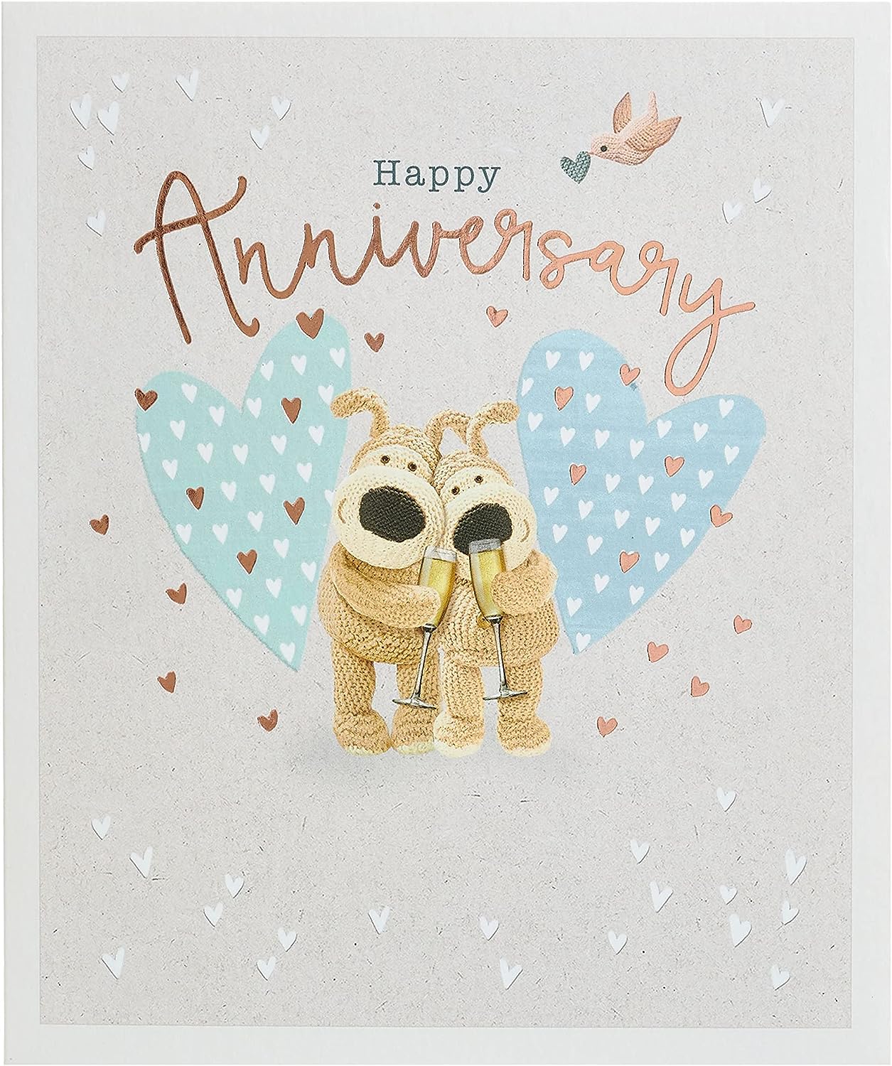 UK Greetings Boofle anniversary greeting card with copper foil detail featuring a cute cartoon dog and floral design.