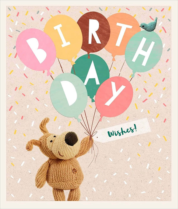 Colorful Boofle Balloons birthday greeting card by UK Greetings featuring cheerful balloon illustrations and festive design.