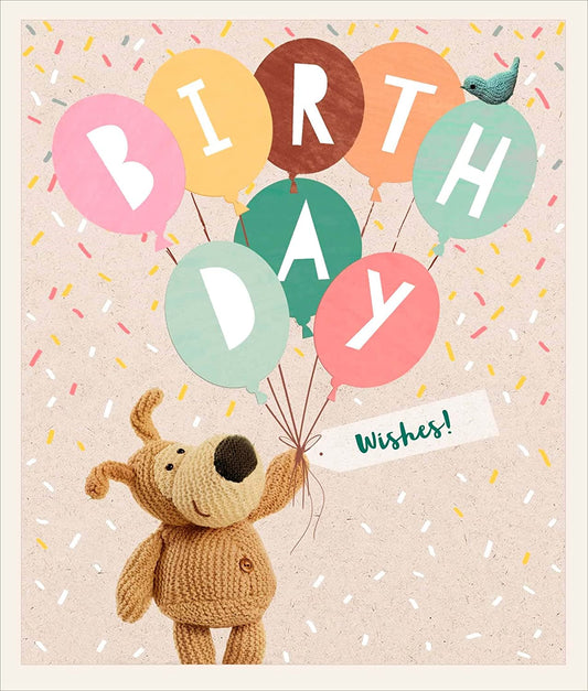Colorful Boofle Balloons birthday greeting card featuring cheerful cartoon character from UK Greetings, with festive balloon illustrations.